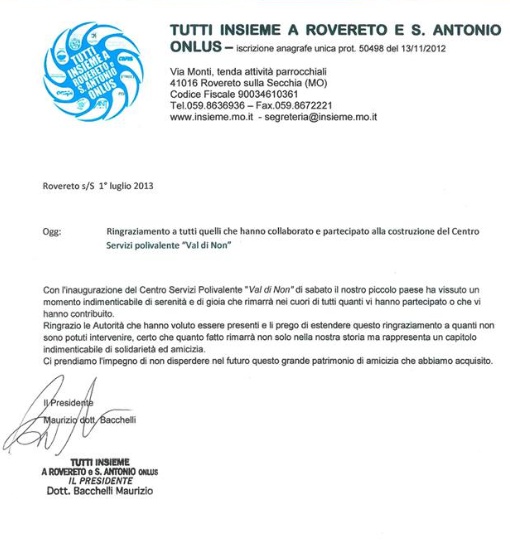 Centro Servizi Polivalente: lettera di ringraziamento del Presidente della Onlus